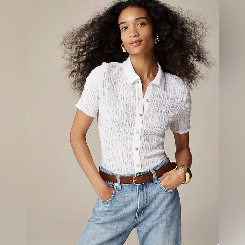 NWT J.CREW Sizes XS,L,XL,XXL White Smocked button-up shirt in cotton-blend voile